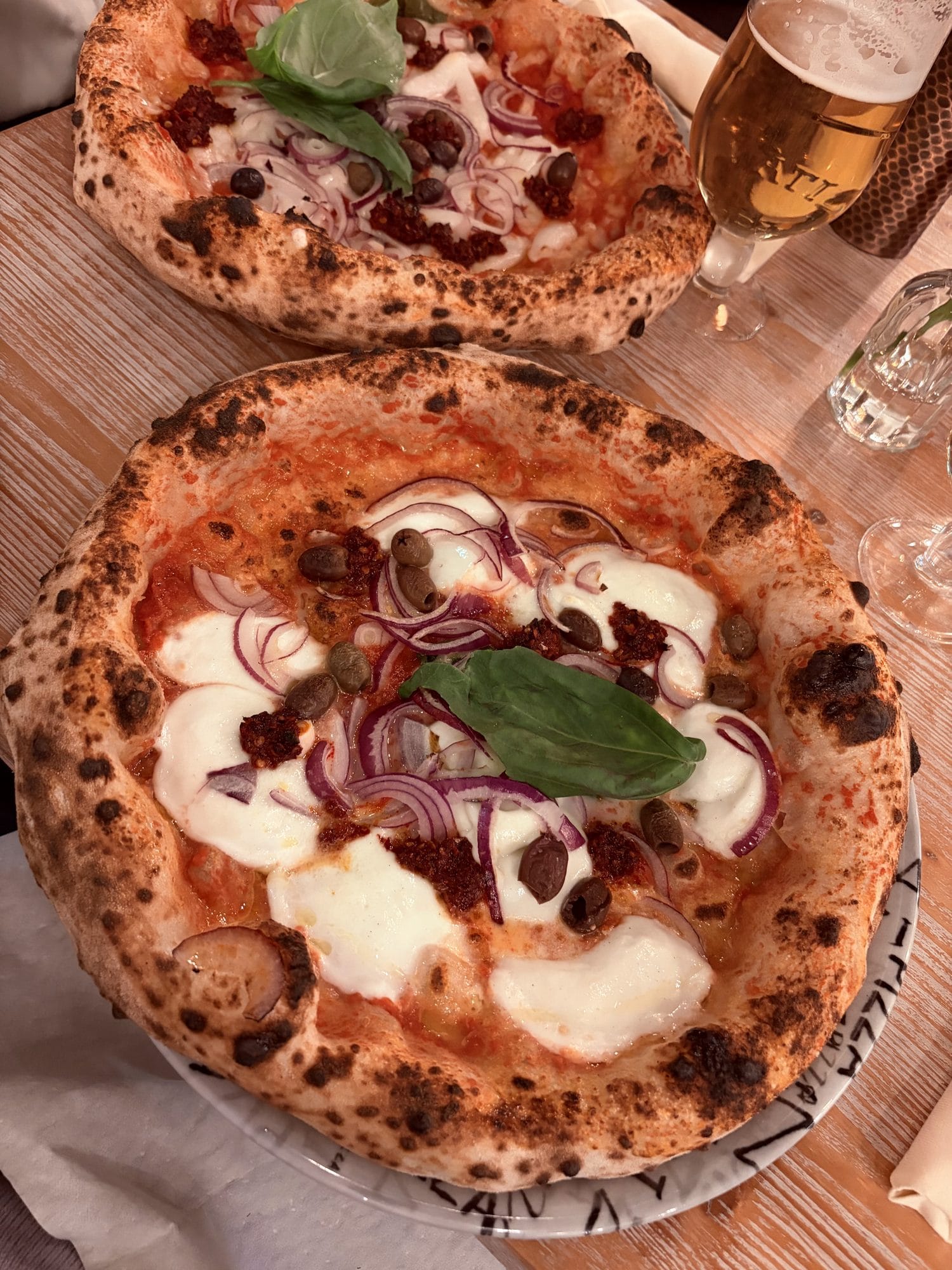 A Neapolitan pizza with mozzarella, red onion and basil